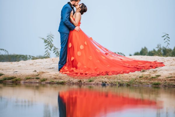 Asian bride and Caucasian groom have romance time and happy together